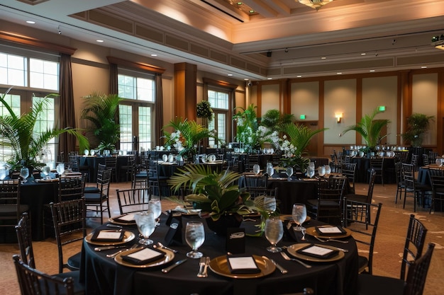 Une salle de banquet avec des tables préparées pour une fonction formelle