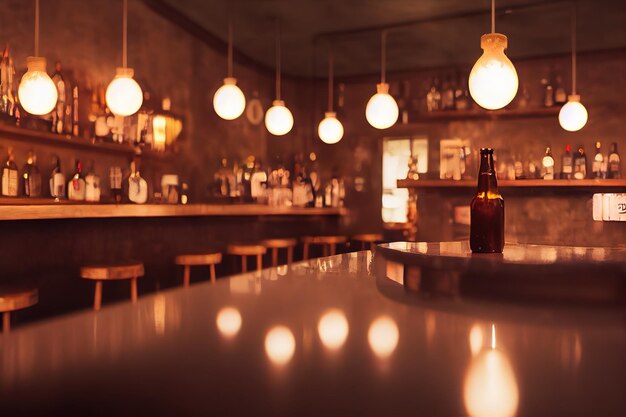 Salle de bar avec un comptoir en bois lampes rondes bouteilles d'alcool sur une étagère et une table illustration 3d