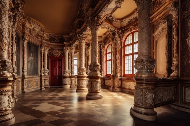 Salle baroque aux colonnes et aux murs richement décorés