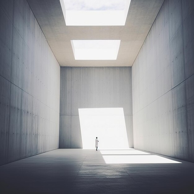 Salle en béton avec de grandes ouvertures vers le ciel