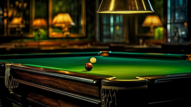 une salle de billard faiblement éclairée avec un éclairage focalisé sur la table de billard en feutre vert accentuant le