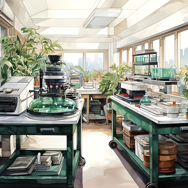 Photo salle de biotechnologue aquarelle avec équipement de laboratoire boîtes de pétri adn mod clipart sur encre bg blanche