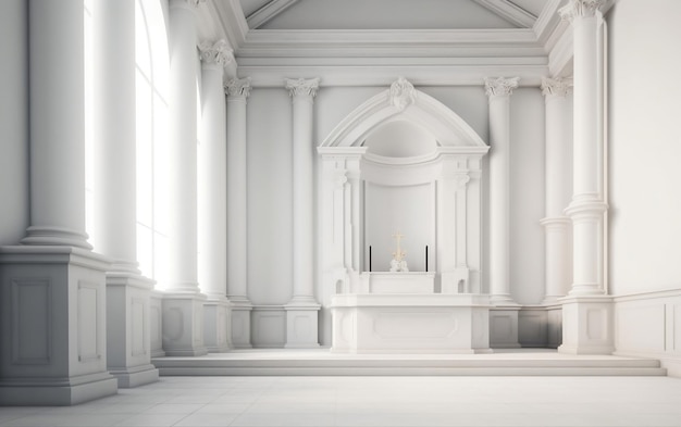 Une salle blanche avec des colonnes et une croix sur l'autel.
