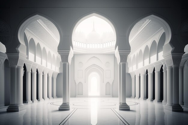 Une salle blanche avec des colonnes et une lumière au plafond