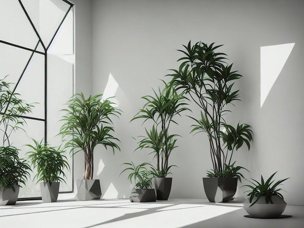 Une salle blanche avec une fenêtre et plusieurs plantes en pots.