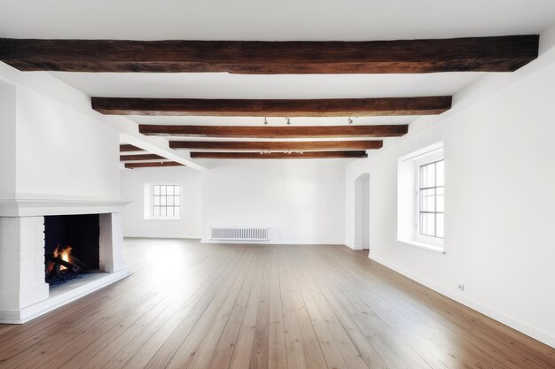 Salle blanche avec plancher en bois et poutres de plafond