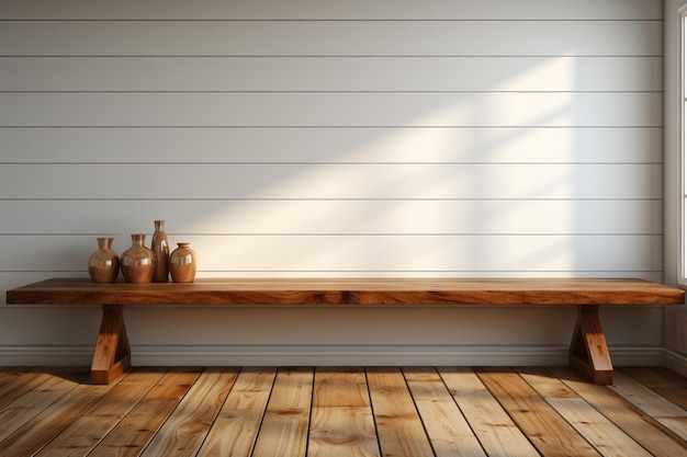 Salle blanche avec podium en bois rustique toile de fond minimaliste parfaite pour les cosmétiques, la nourriture ou les bijoux