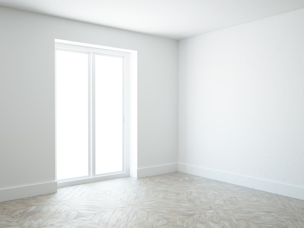 salle blanche vide avec fenêtre terrasse et parquet en bois