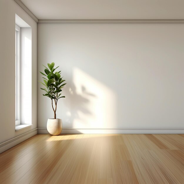 Une salle blanche vide avec un plancher en bois et une plante en pot