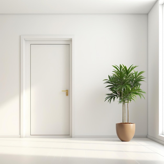 Une salle blanche vide avec un plancher en bois et une plante en pot