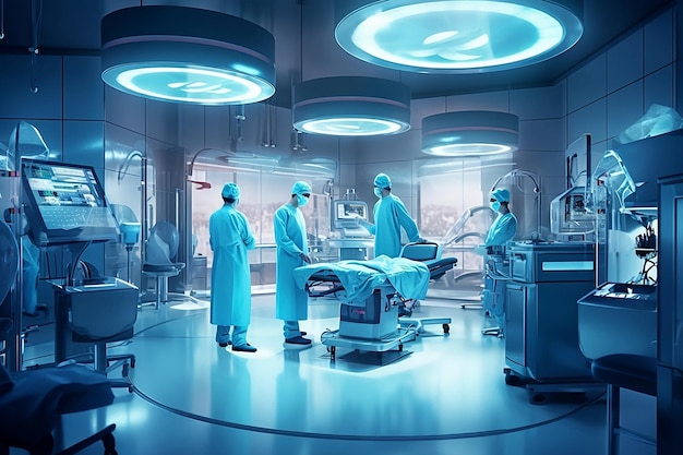 Salle bleue de chirurgie futuriste avec un groupe de médecins en gommages et masques bleus