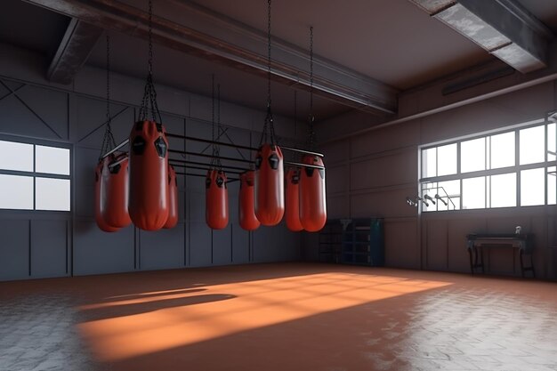 Une salle de boxe lumineuse avec des sacs de boxe sans gens Generative Ai