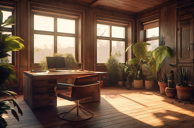 Salle de bureau avec chaise de bureau et plante de grandes fenêtres