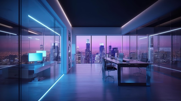 Salle de bureau avec écran d'ordinateur vide, table, chaise, sol en ciment, murs de verre avec vue nocturne sur la ville Illustration futuriste des technologies futures AI générative