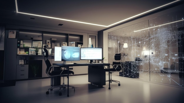 salle de bureau sombre avec concept virtuel