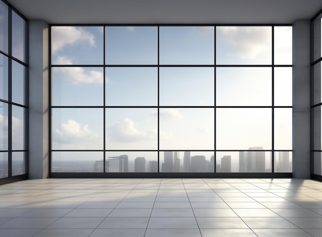 Salle de bureau vide avec une grande fenêtre et une vue sur la ville