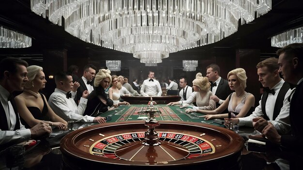 Une salle de casino avec une table de roulette et un lustre