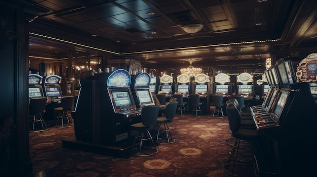 Salle de casino vide moderne avec vue générale des machines de jeu générée par l'IA