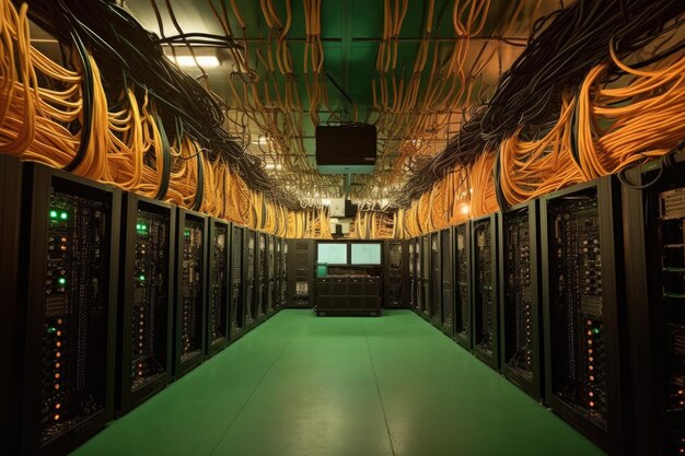 Photo salle de centre de données avec des rangées d'ordinateurs et de câbles créés avec l'ia générative