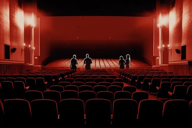 Une salle de cinéma avec des gens debout devant.