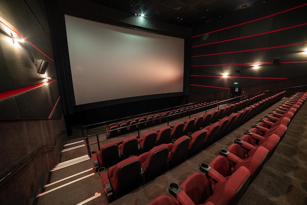 Une salle de cinéma avec un grand écran qui dit "le cinéma" dessus