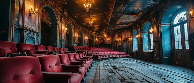 Une salle de cinéma historique vide avec des rangées de sièges roses usés et un éclairage ambiant