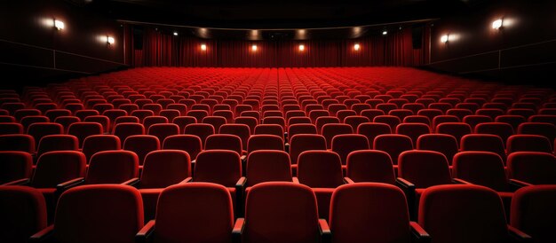 Une salle de cinéma et une scène vides et sombres avec les rideaux rouges tirés.