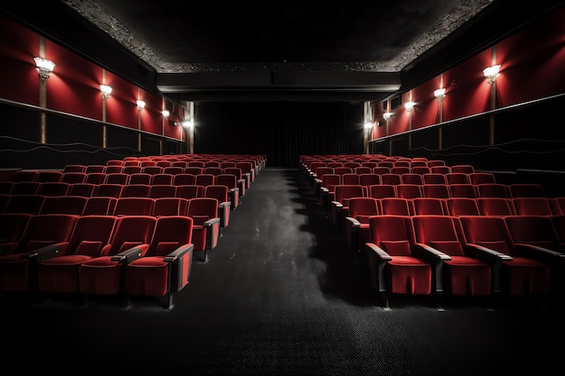 Une salle de cinéma avec des sièges rouges et des lumières au plafond