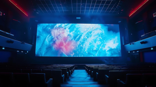 Une salle de cinéma vide avec un écran vide les sièges sont rouges et les murs sont sombres le théâtre est éclairé par une lumière bleue