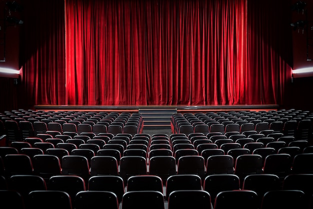 Photo salle de cinéma vide sombre et scène avec les rideaux rouges tirés vue sur des rangées de sièges vacants de l'arrière