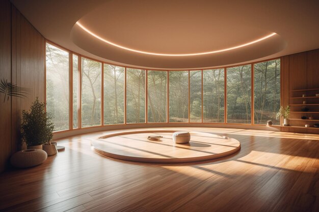Une salle circulaire avec une grande fenêtre donnant sur la forêt.