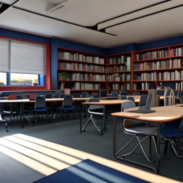 Photo salle de classe à l'arrière-plan flou avec des chaises et des tables sur le campus