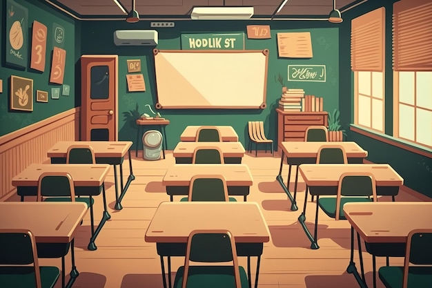 Salle de classe beige vide avec pupitres d'école en bois chaises noires simples et commission scolaire verte