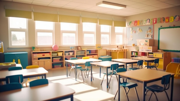 Une salle de classe avec un bureau et des chaises avec un panneau indiquant "école" dessus