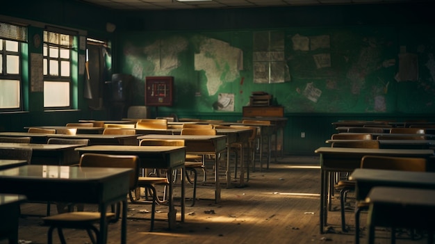une salle de classe avec des bureaux et des chaises en bois dans le style de lavages de couleurs atmosphériques