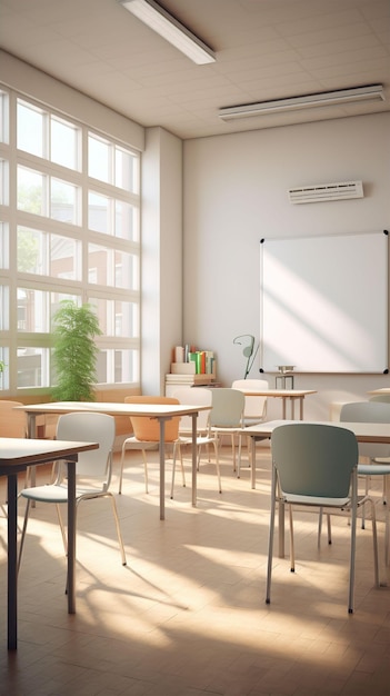 Une salle de classe avec des bureaux, des chaises, un tableau blanc et un écran de projecteur disposés en rangées