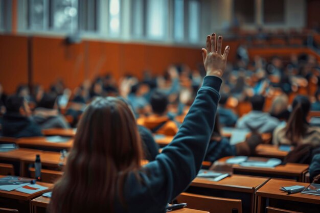 salle de classe avec des bureaux et des sièges avec des élèves levant la main