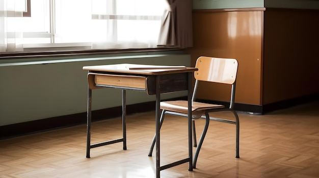 Une salle de classe avec une chaise et un bureau devant une fenêtre.