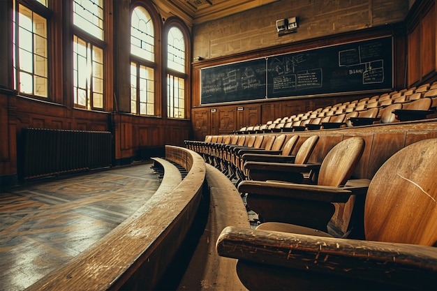 Photo salle de classe avec des chaises en bois, pas de gens.