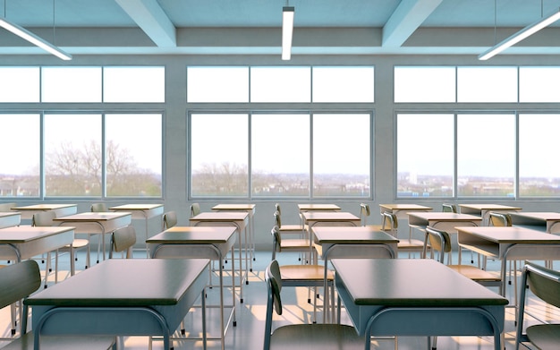 Photo salle de classe avec chaises et bureaux sans élève