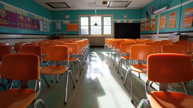 Photo une salle de classe avec des chaises orange et un téléviseur sur le mur