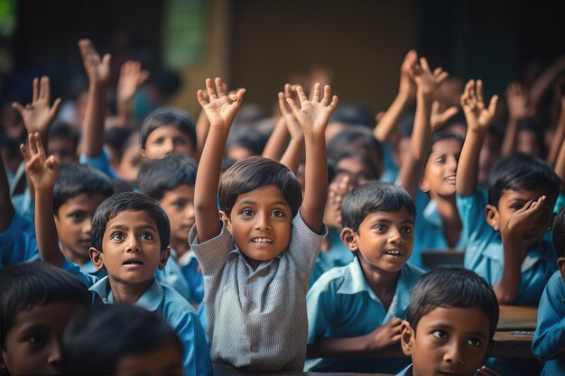 Une salle de classe colorée remplie d'étudiants lèvent la main pour répondre dans la salle de classe Concept de retour à l'école généré par Ai