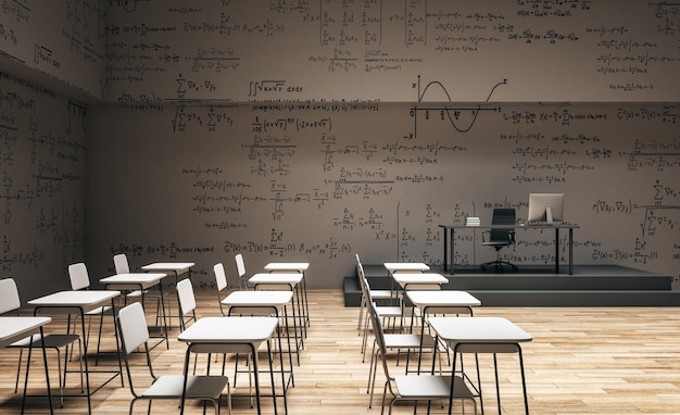 Salle de classe contemporaine avec formules mathématiques