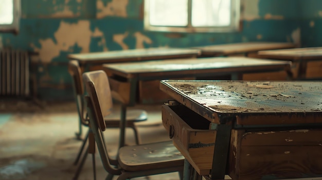 Une salle de classe déserte avec de vieilles chaises en bois et des bureaux les bureaux sont couverts de poussière et la peinture sur les murs s'écaille