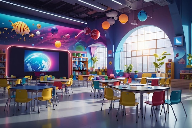 Une salle de classe du futur avec une atmosphère colorée et vibrante et une variété d'outils d'apprentissage interactifs