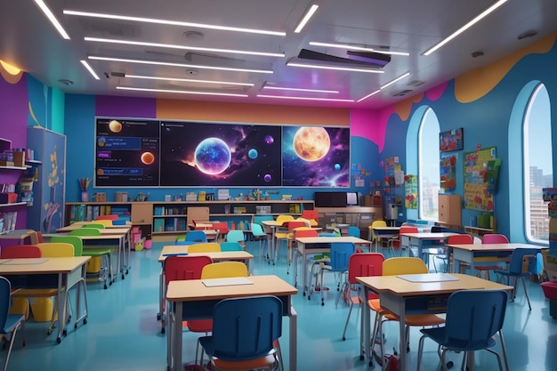 Une salle de classe du futur avec une atmosphère colorée et vibrante et une variété d'outils d'apprentissage interactifs