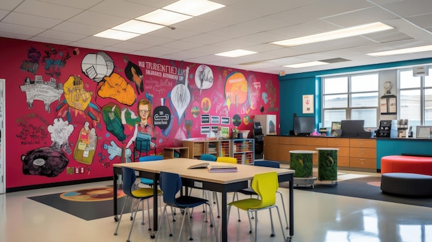 Photo une salle de classe dynamique avec une fresque murale captivante au mur