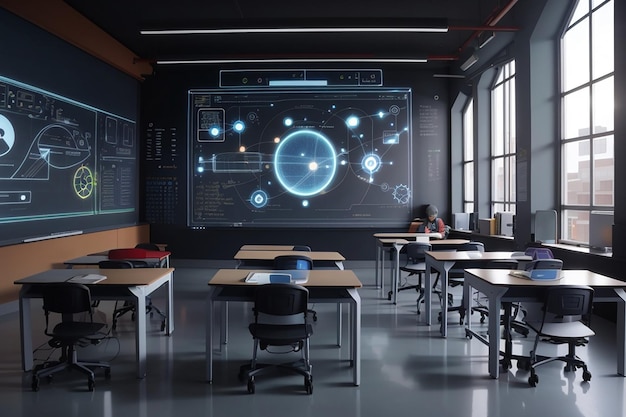 Salle de classe d'école futuriste avec réalité augmentée projetée sur un tableau noir électronique