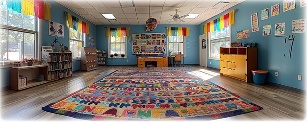 La salle de classe est décorée de bannières, de streamers, de papiers peints.