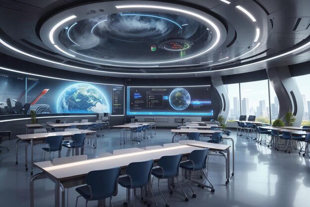 Une salle de classe futuriste dotée d'une technologie avancée et d'outils d'apprentissage interactifs